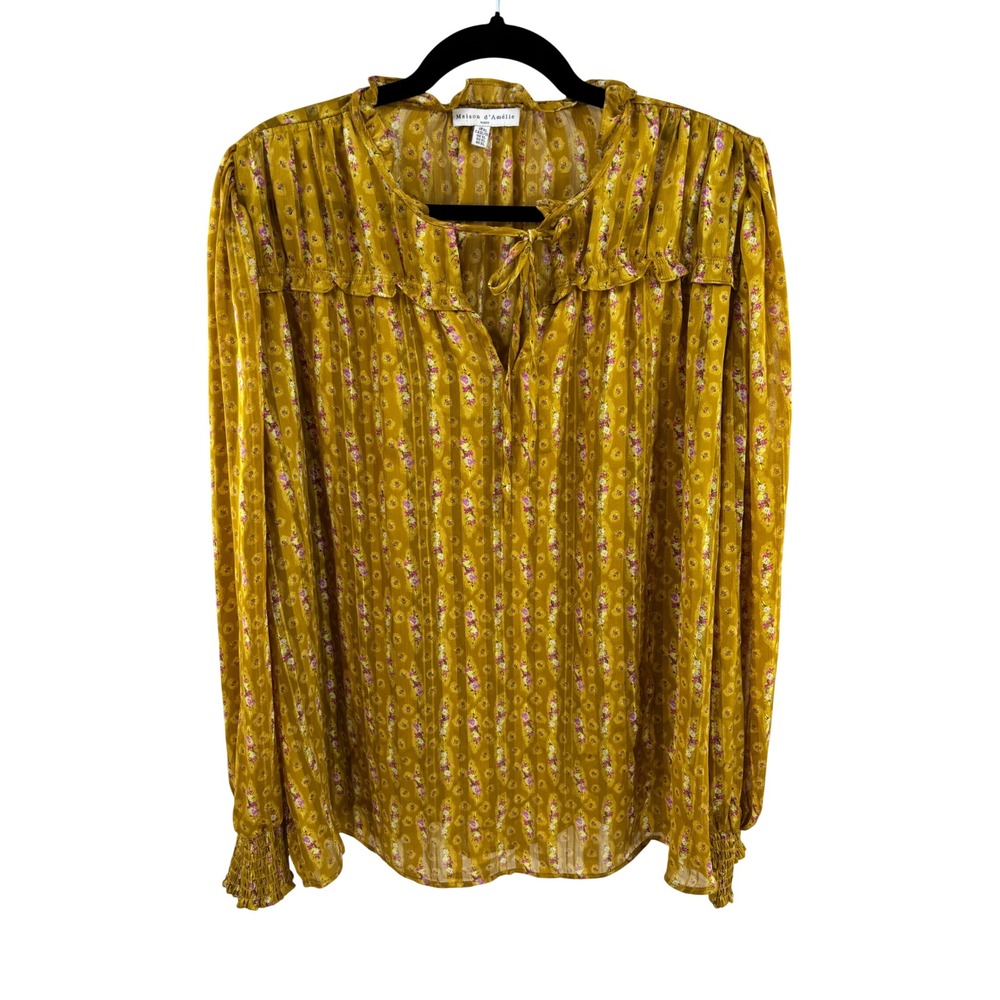 Maison dAmelie Paris Womens XL Yellow Floral Ruffle Tie Neck Long Sleeve‎ Blouse